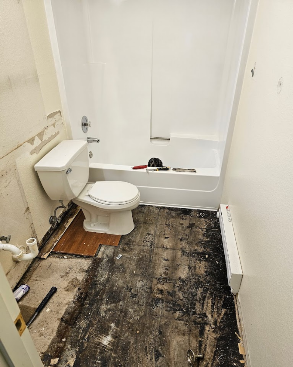 In-progress bathroom remodel with new flooring and tub