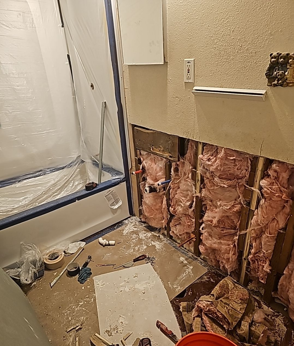 Bathroom renovation with exposed walls ready for tiling