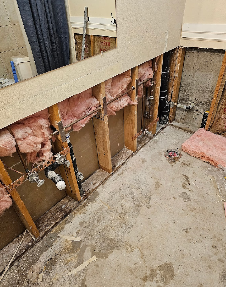 Bathroom renovation with exposed walls during structural updates