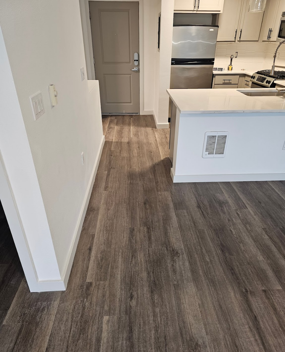 Kitchen area with newly installed wood-style flooring