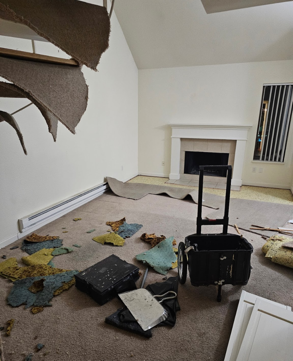 Old flooring removal process during a renovation project