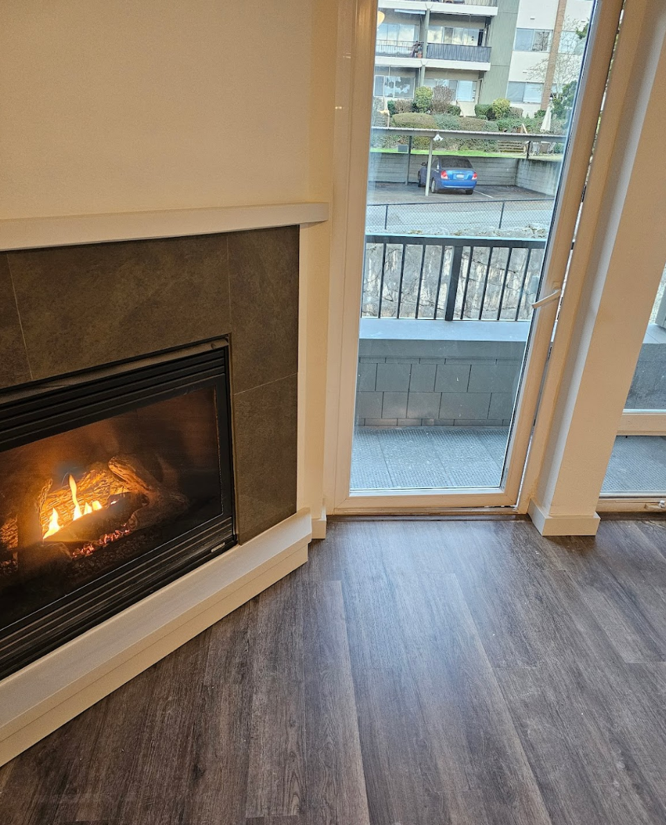 Modern living room with a cozy fireplace