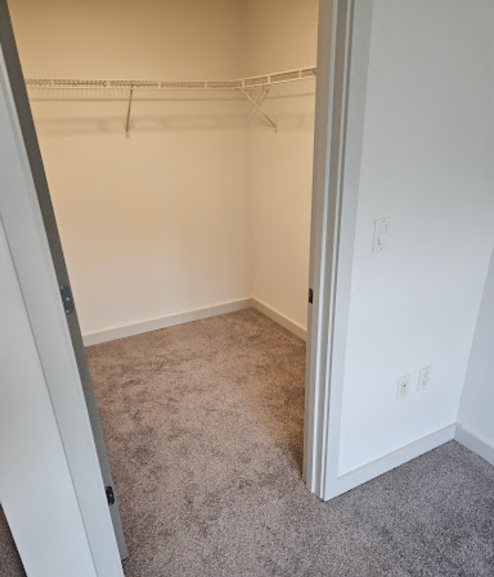 Walk-in closet with modern shelves and updated flooring