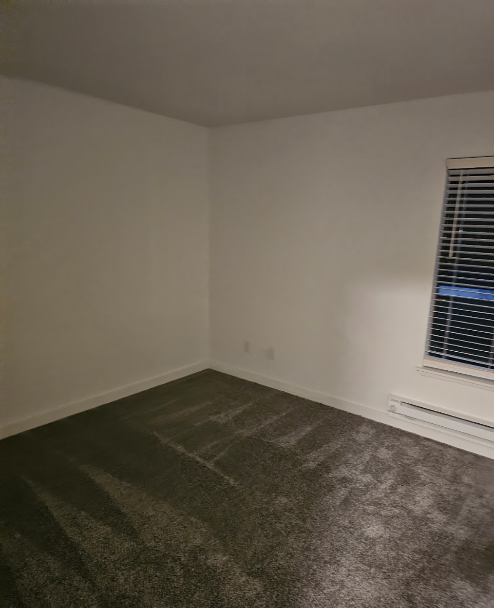 Spacious bedroom with carpet flooring and large windows