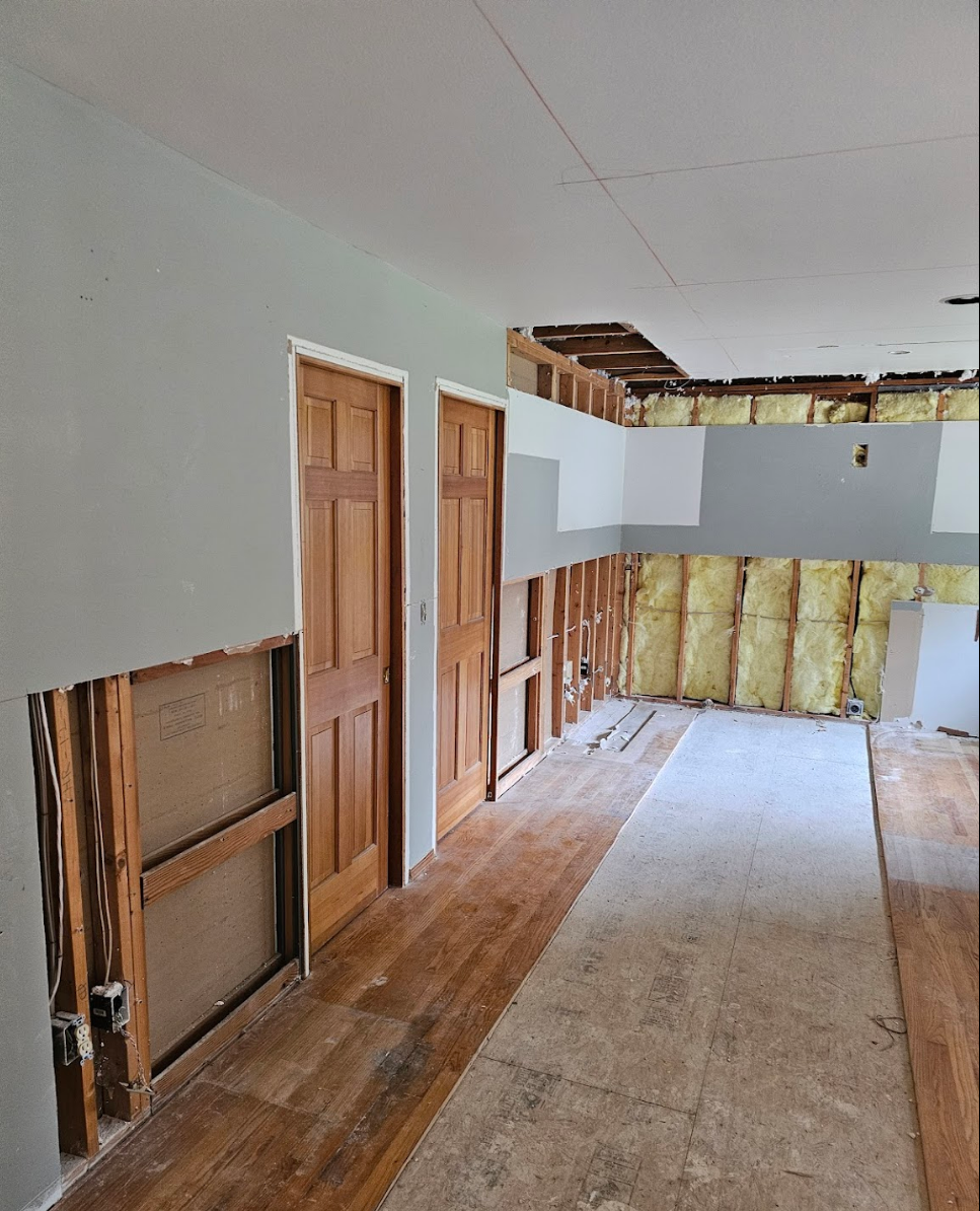 Open space renovation with floors and walls under construction