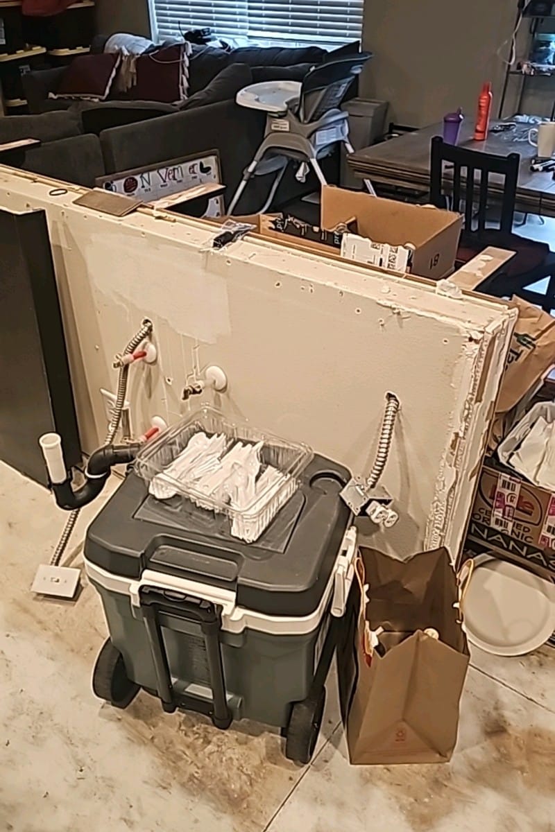 Detailed view of kitchen island structure during renovation