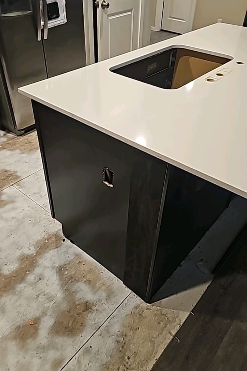 Completed kitchen island with integrated sink