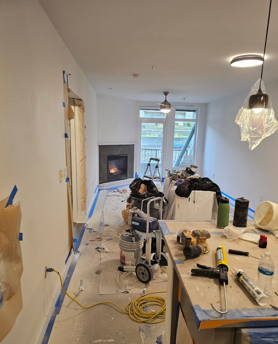 Interior renovation with tools and progress